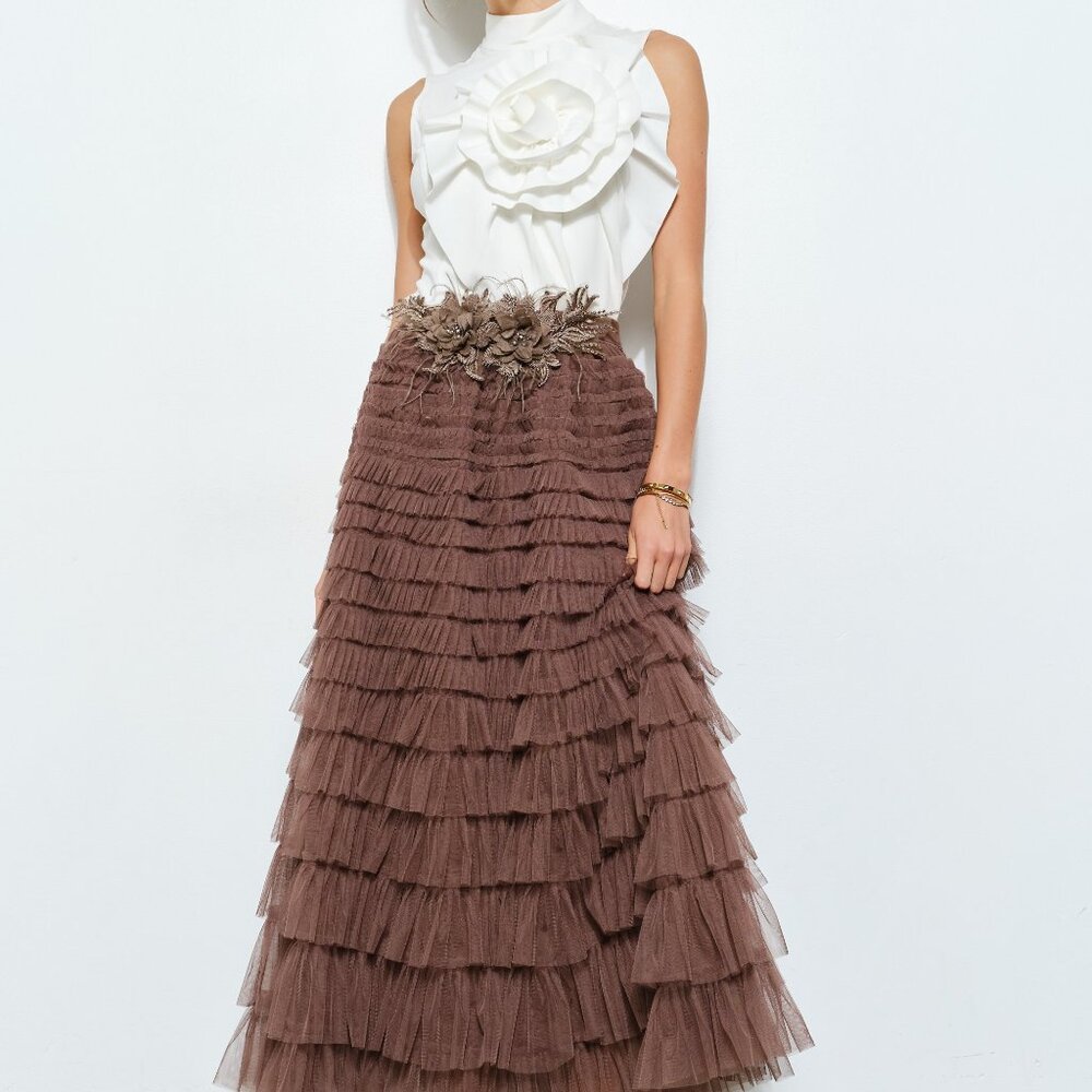 🆕 Ruffled Maxi Skirt with Floral Waist - NWOT
